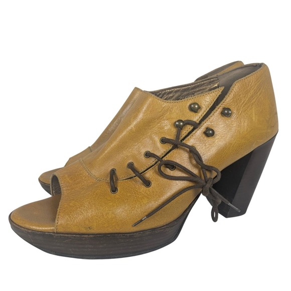 John Fluevog Goldenrod Summertime Ashbury‎ Peep Toe Lace Up Platform Block Heel - Picture 2 of 9